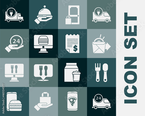 Set Fast delivery by car, Fork and spoon, Online ordering noodles, Clock 24 hours, and Paper financial check icon. Vector
