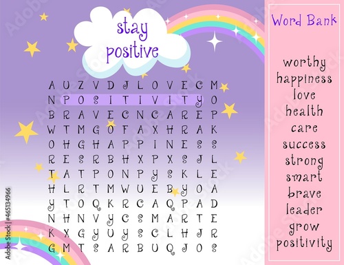 Stay positive word search puzzle. Activity game page to attract an audience on social networks. Crossword positive thinking with answers. Find hidden words. Vector poster for social media