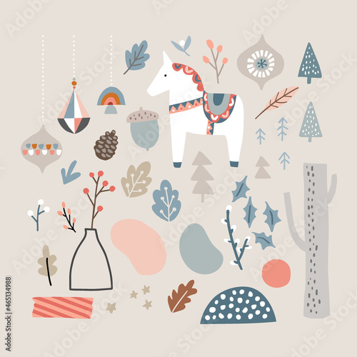 Set of Christmas Scandinavian animals and natural elements. Dala horse, Christmas ornaments, flowers and berries. Abstract organic shapes. Nordic retro design. Isolated vector illustrations. photo