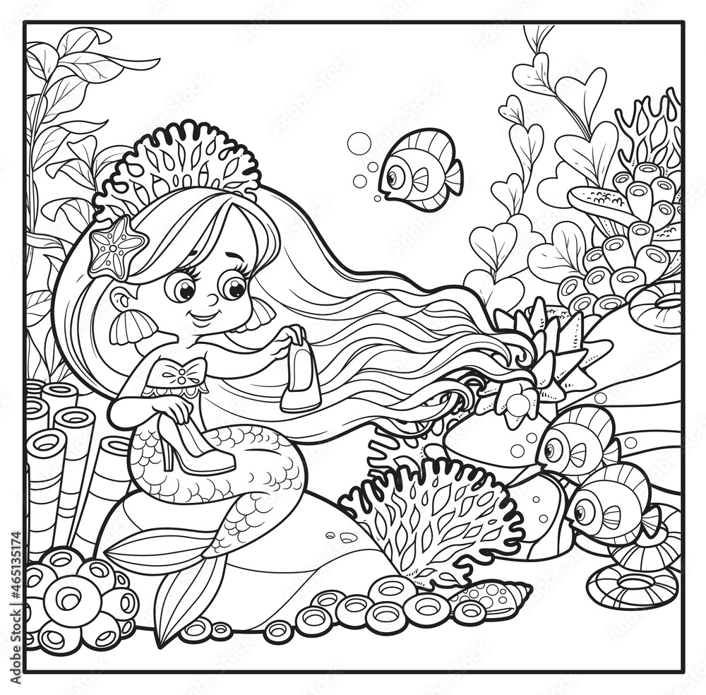 Cartoon mermaid in tiara wonders what to do with high heel shoes ...