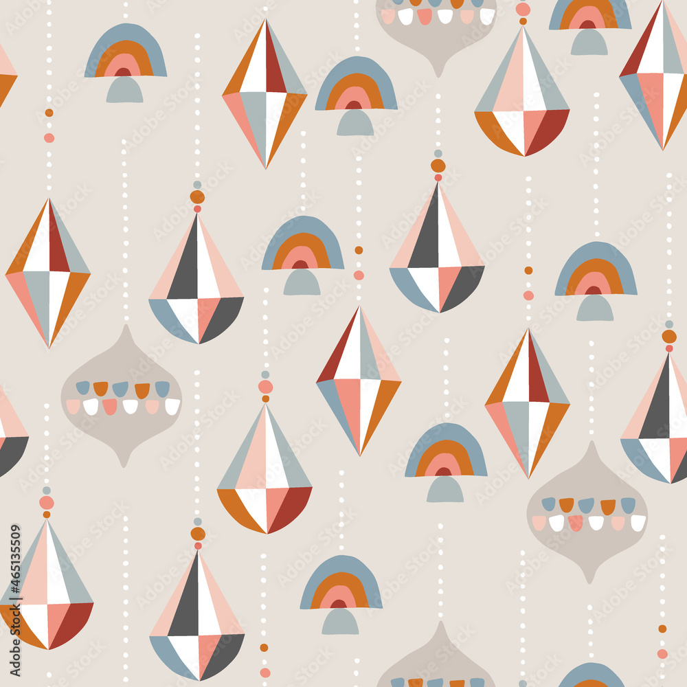 Lovely winter seamless pattern. Hanging Christmas ornaments, baubles. Balls, diamonds and rainbow shapes. Retro design for textile, scrapbooking, gift paper wrapping. Vector illustration background. Lovely winter seamless pattern. Hanging Christmas ornaments, baubles. Balls, diamonds and rainbow shapes. Retro design for textile, scrapbooking, gift paper wrapping. Vector illustration background.