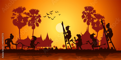 Country life of Thai children plays in period time,silhouette style