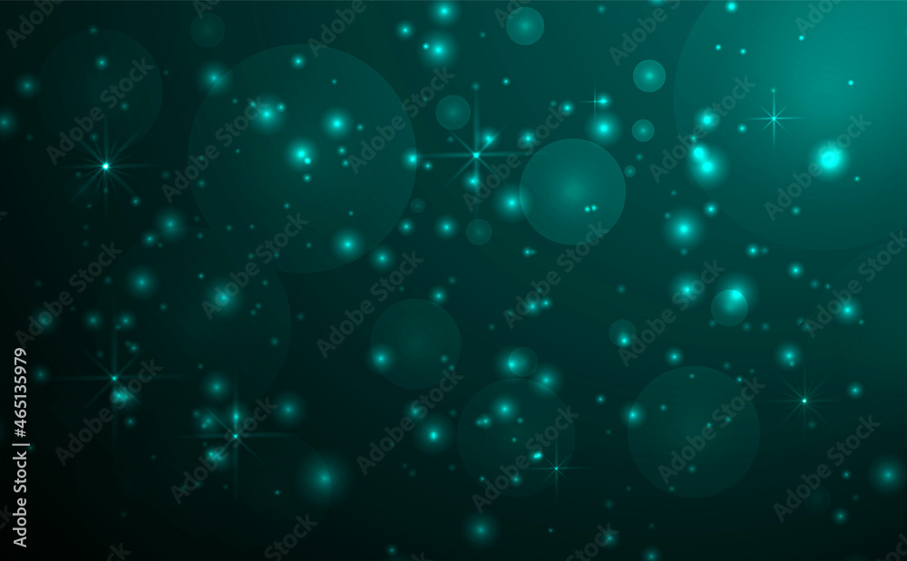 Vector illustration of Horizontal Background with Starry Night, Dark Green Sky, Bright Stars, Galaxies. It can be used in web design, for wallpaper, etc. Concept Astronomy, Romance, Mysticism.