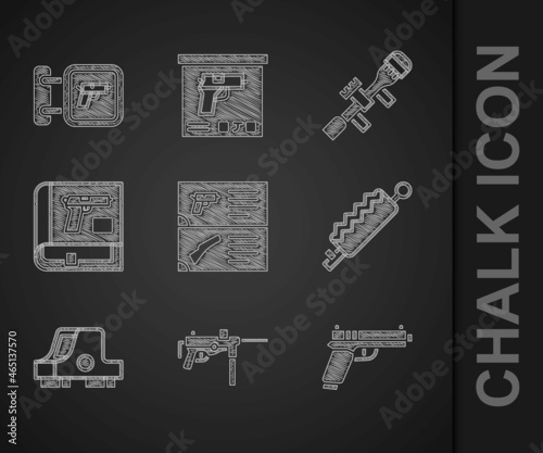 Set Weapon catalog, Submachine gun M3, Pistol or, Trap hunting, Collimator sight, Book with pistol, Sniper optical and Hunting shop weapon icon. Vector