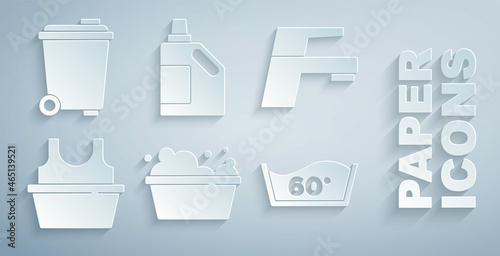 Set Basin with soap suds, Water tap, shirt, Temperature wash, Bottle for cleaning agent and Trash can icon. Vector