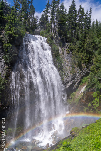 Narada Falls waterfall with a rainbow in Mt. Rainier National Park
