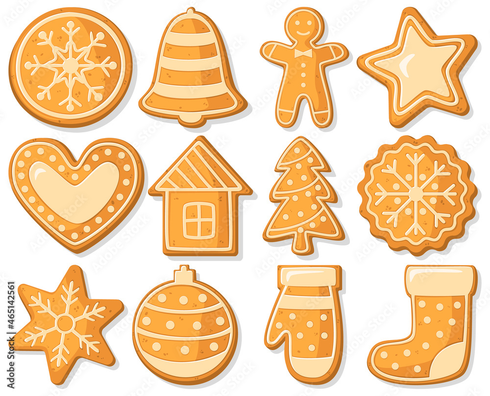 Christmas gingerbread, food for the winter holidays. Cartoon style. A set of figures for New Year's baking. Vector image, illustration Christmas gingerbread, food for the winter holidays. Cartoon style. A set of figures for New Year's baking. Vector image, illustration