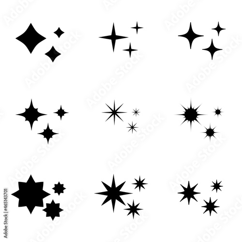 A set of black stars. Vector with a set of stars. There are four or eight ends. Sharp and blunt asterisks, a selection with various asterisks.