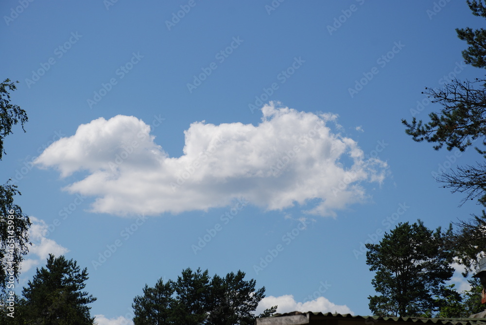 White fluffy cloud. Against the background of a clear light blue sky, a lonely large white cloud is somewhat reminiscent of a spaceship. The cloud is white at the top and gray at the bottom. White fluffy cloud. Against the background of a clear light blue sky, a lonely large white cloud is somewhat reminiscent of a spaceship. The cloud is white at the top and gray at the bottom.