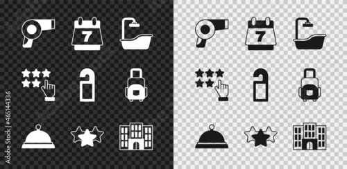 Set Hair dryer, Hotel booking calendar, Bathtub, Covered with tray of food, Stars rating, building, and Please do not disturb icon. Vector