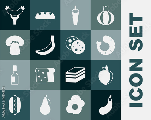 Set Eggplant, Plum fruit, Shrimp, Hot chili pepper, Banana, Mushroom, Sausage on the fork and Cookie with chocolate icon. Vector
