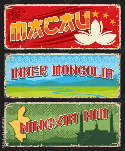 Macau, Inner Mongolia and Ningxia Hui chinese province plates and vector travel stickers. China cities tin signs or luggage tags with province taglines, travel and tourism sightseeing landmarks