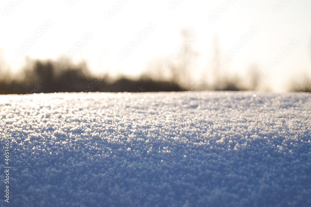 Fresh thick layer of snow close-up. Winter white background with blurred background. Fresh thick layer of snow close-up. Winter white background with blurred background.