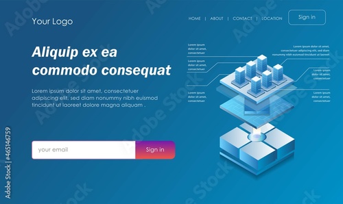 Isometric illustration concept. platform layer with building and network chips