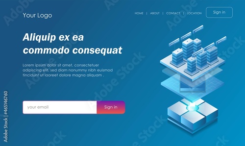 Isometric illustration concept. platform layer with building and network chips