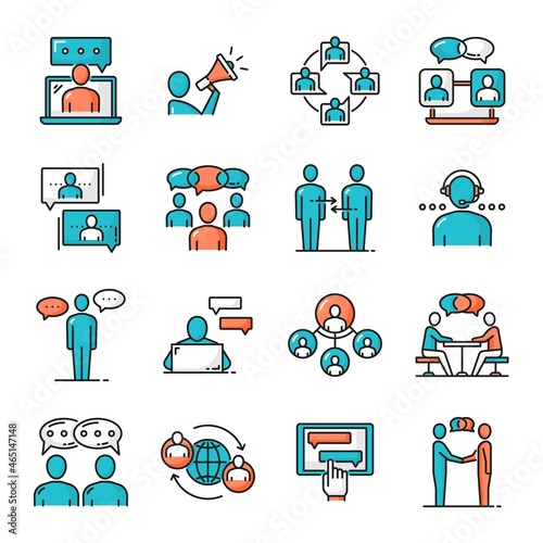 Business team, chat messenger, support communication and message, vector color line icons. Chatbots or help desk service and phone call talk, digital office and online business conference chats