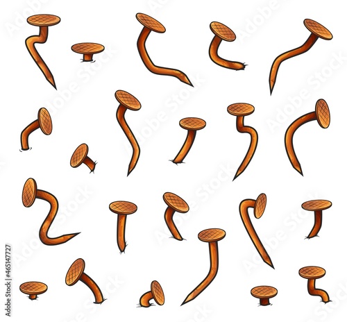 Rusty metal bent nails and heads, isolated vintage iron nails with contours. Cartoon sharp ferruginous hardware spikes, curved hammered hobnails vector set. Old rusty iron carpentry nails