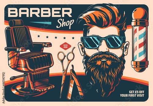 Barbershop and hairdressing salon retro poster. Gentlemen hair stylist, hairdresser shop vector vintage banner with bearded hipster man, barbershop pole and chair, hair cutting scissors and razor