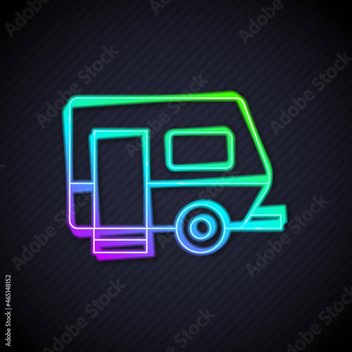 Glowing neon line Rv Camping trailer icon isolated on black background. Travel mobile home, caravan, home camper for travel. Vector