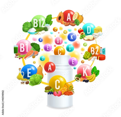 Minerals and multivitamin supplements in plastic bottle, vitamins sources vector round chart. Dietary supplement for healthy nutrition and food, rainbow color vitamins in eating vegetables and fruits