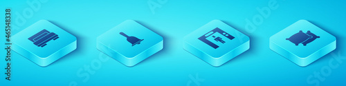 Set Isometric Hotel room bed, service bell, Pillow and Lift icon. Vector