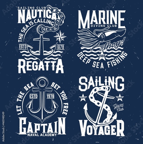 Tshirt prints with anchors and squid, regatta sea cruise vector emblems with ocean waves and typography on blue grunge background. Naval club team t shirt prints with armature, ocean marine journey