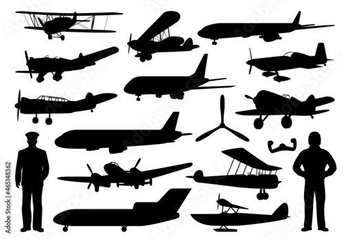 Leinwand Poster Airplane and pilot black silhouettes, vector aircraft, aviation and air travel