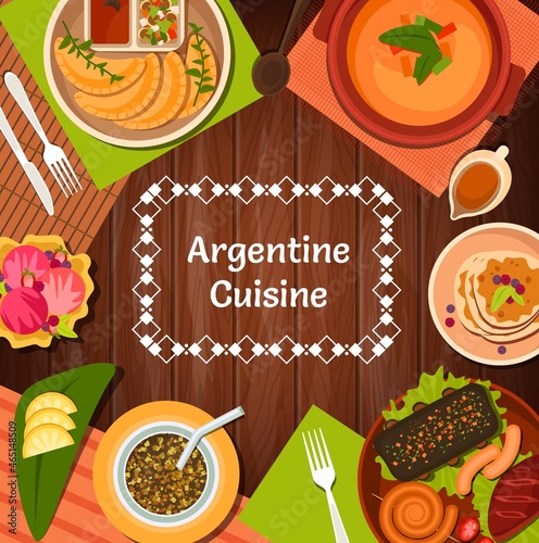 Argentine restaurant menu cover with vector Argentinian cuisine food. Barbecue meat asado with chorizo sausages and pork, empanada pies, yerba mate and vegetable soup, dulce de leche and ice cream