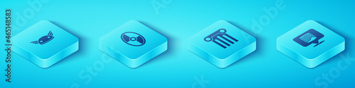 Set Isometric Helmet with wings, Greek shield, Ancient column and icon. Vector