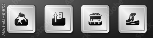 Set Deforestation, Rise in water level, Coal train wagon and Tsunami icon. Silver square button. Vector