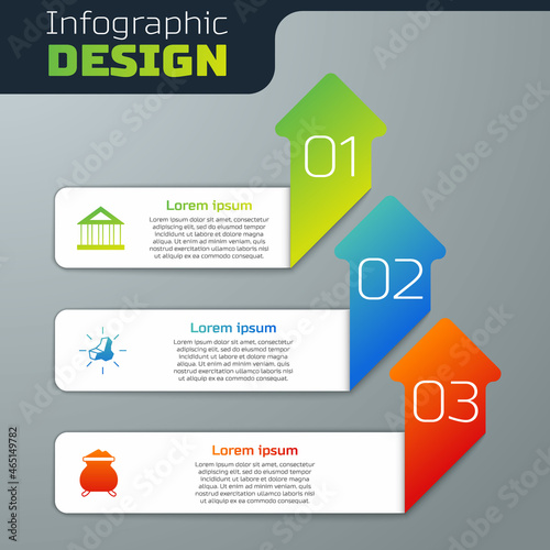 Set Bank building, Gold nugget and Molten gold being poured. Business infographic template. Vector