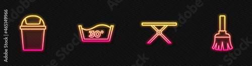 Set line Ironing board, Trash can, Temperature wash and Feather broom. Glowing neon icon. Vector