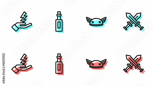 Set line Helmet with wings, Zeus, Bottle of olive oil and Crossed medieval sword icon. Vector