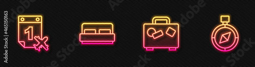 Set line Suitcase, Calendar and airplane, Hotel room bed and Compass. Glowing neon icon. Vector