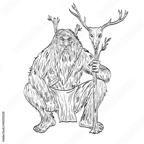 Drawing sketch style illustration of a Basajaun or Lord of the Woods a huge hairy hominid dwelling in the woods in Basque mythology squatting with staff of deer skull on isolated white background.