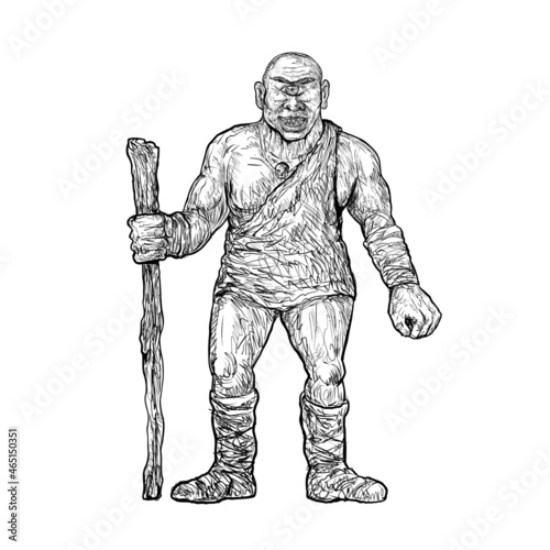 Drawing sketch style illustration of a Tartaro, Tartalo or Torto an enormously strong one-eyed giant in Basque mythology similar to the Greek Cyclops standing with club on isolated white background. photo