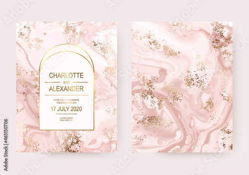 Modern wedding invitation card design with gold dust and marble texture.
