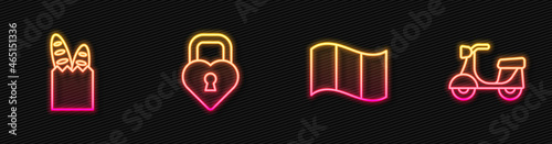 Set line Flag France, French baguette bread, Castle in the shape of heart and Scooter. Glowing neon icon. Vector
