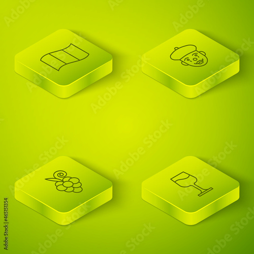 Set Isometric line French mime, Grape fruit, Wine glass and Flag France icon. Vector