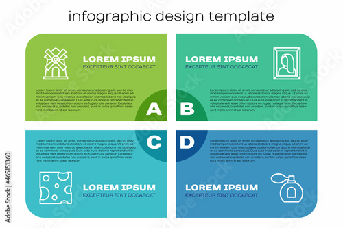 Set line Cheese, Windmill, Perfume and Portrait picture museum. Business infographic template. Vector