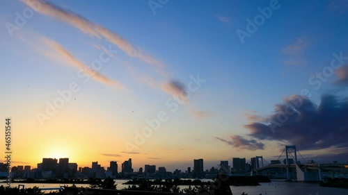 東京都市風景　夕日　タイムラプス　雲の動き　日没