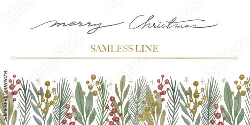 水彩風　クリスマスの植物素材　シームレスに使えるフレーム　ベクターイラスト