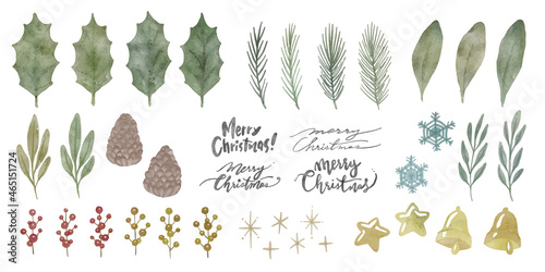 水彩風　クリスマスの植物素材セット　ベクターイラスト