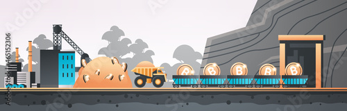 minecart on rails with bitcoins blockchain cryptocurrency mining concept industrial panorama