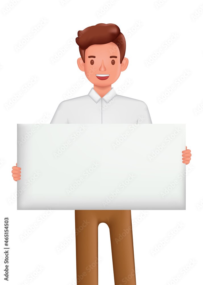 Businessman holding blank sign character design. 3d vector illustration. Businessman holding blank sign character design. 3d vector illustration.