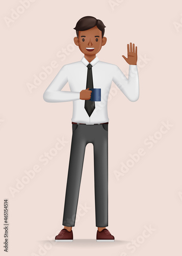 Businessman holding coffee cup and say hello character design. 3d vector illustration.