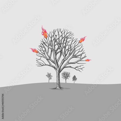 Simple illustration template of a burning tree. Global warming.