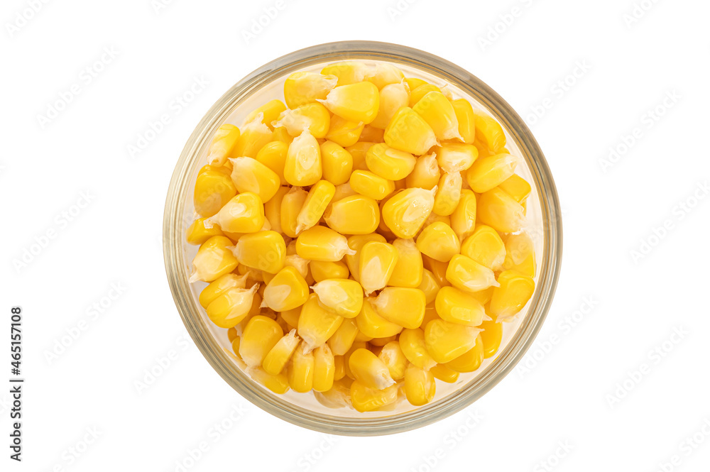Corn kernels in a bowl isolated on white background.