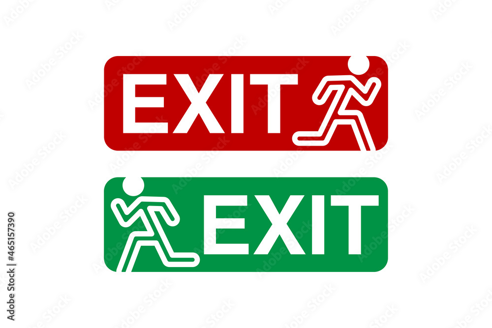 Vector image for Emergency exit icon. Exit sign illustration isolated on white background. Exit way sign for people. Warning sign board. Fit for template a signboard or sticker in public places Vector image for Emergency exit icon. Exit sign illustration isolated on white background. Exit way sign for people. Warning sign board. Fit for template a signboard or sticker in public places