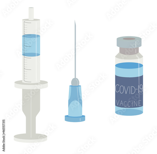 Covid-19 coronavirus vaccine in a transparent glass bottle with a rubber stopper and a disposable plastic syringe and needle. Vector stock illustration isolated on white background.